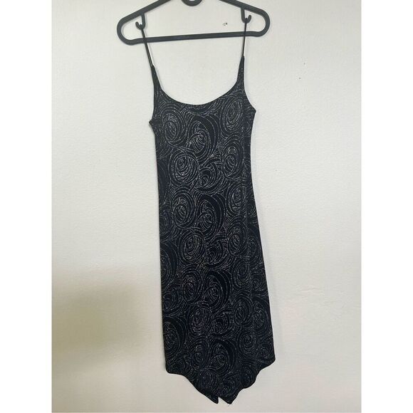 Slinky 90s Black Midi Dress Glitter Open Back Spaghetti Straps Diamond Cut S - Picture 11 of 14